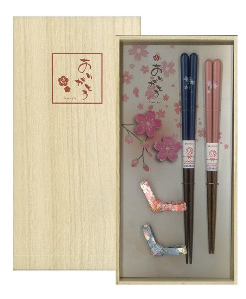 Japanese cherry blossom chopsticks and rests set in elegant wooden box packaging