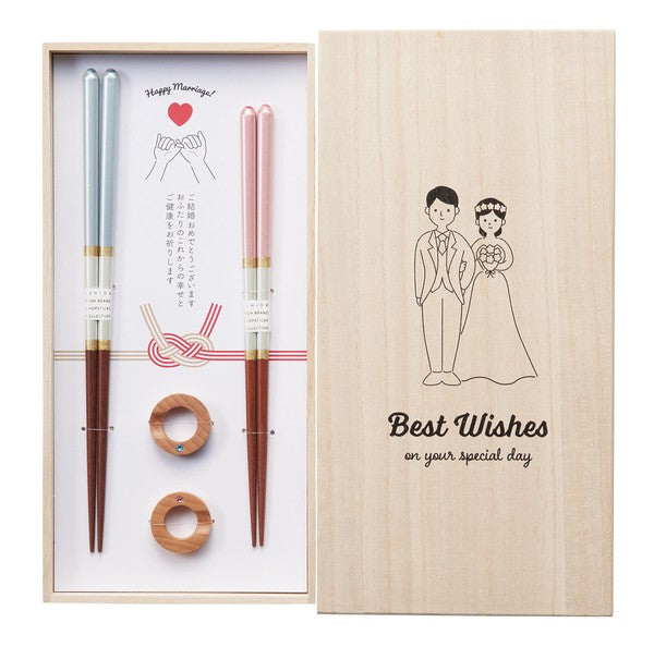 Wedding chopstick gift set with pink and blue champagne-toned chopsticks, matching rests in a wooden box with congratulation message - Best Wishes on Your Special Day.