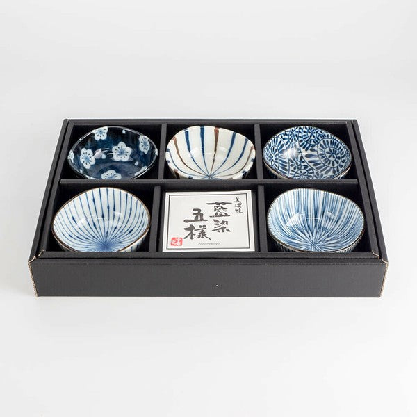 Elegant gift box containing Mino Ware mini plates with assorted indigo designs