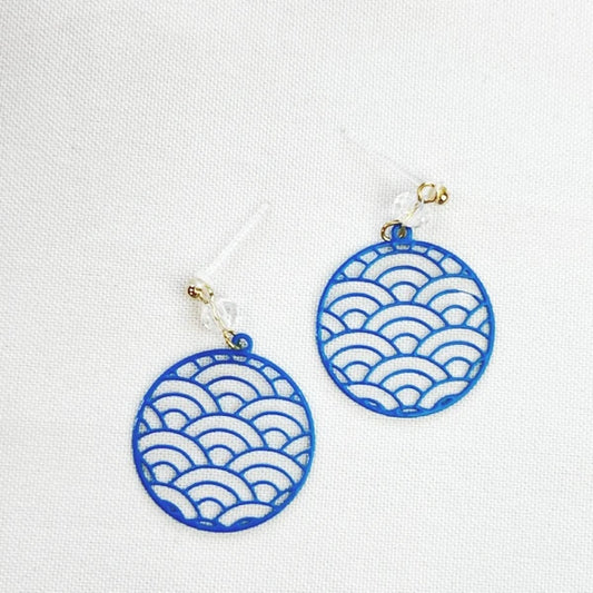 Seigaiha wave pattern resin earrings in soothing blue, inspired by traditional Japanese design