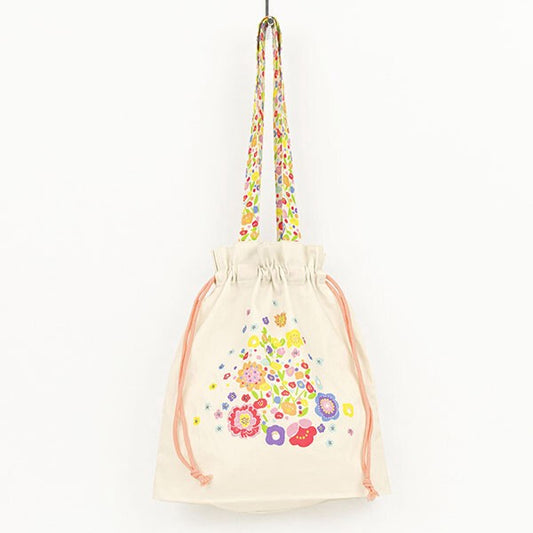 Japanese floral tote bag in Spring Flowers design, hanging to show full front view