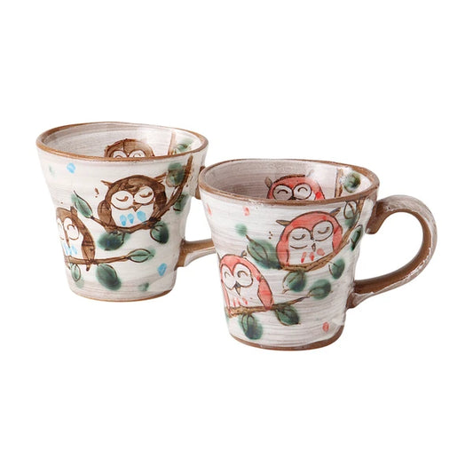 Handpainted Mino Ware Owl Mug Pair