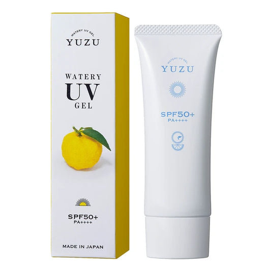 White box and tube of Yuzu Watery UV Gel SPF50+ PA++++ with yuzu illustration on packaging