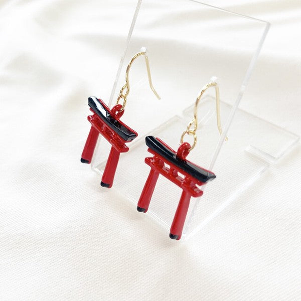 Pair of torii gate-shaped earrings in vivid vermilion with black accents