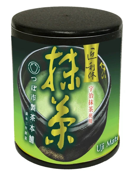 30 g tin of Uji matcha powder with green label and Japanese script
