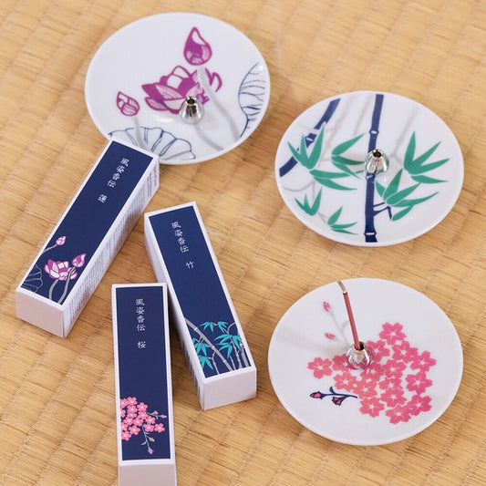 Japanese incense gift set including Sakura, Lotus, and Bamboo fragrances with plate and holder