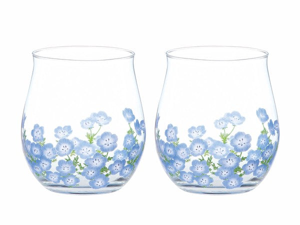 Nemophila floral glass set with blue flowers, symbolizing tranquility