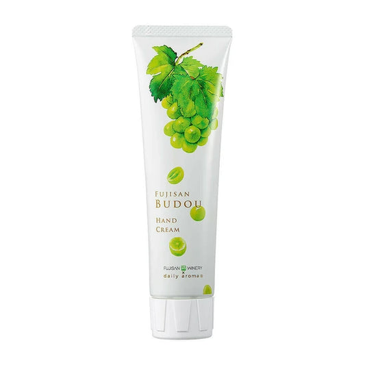 Close-up of hand cream tube with muscat grape illustration
