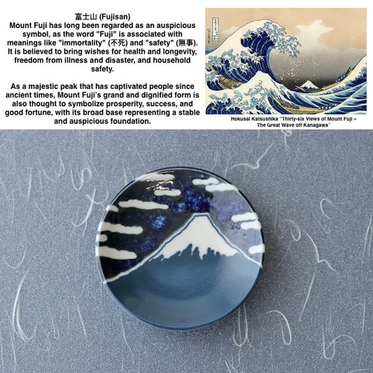 Mount Fuji small plate shown alongside text describing its cultural meaning in Japan and connection to Hokusai’s Great Wave