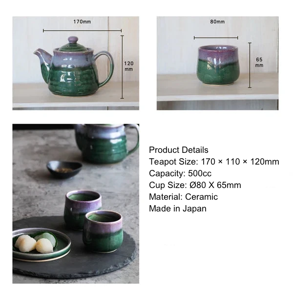 mage showing measurements of the Minoware Shinsha teapot and teacups in centimeters, including capacity and height.