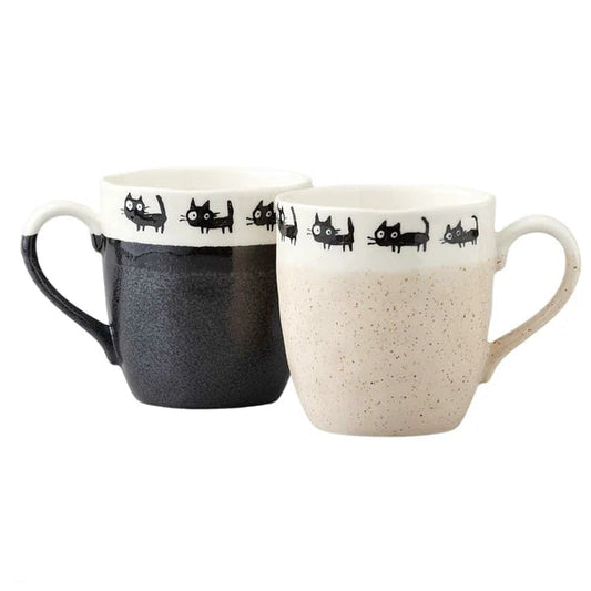Pair of Mino ware mugs with black cat illustrations, featuring playful poses and simple ceramic form