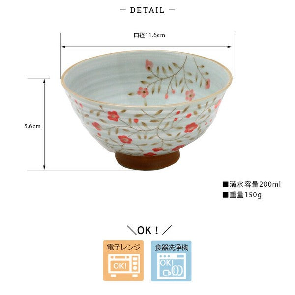 Measurement and care instruction guide for the floral rice bowl set, detailing size and handling tips.