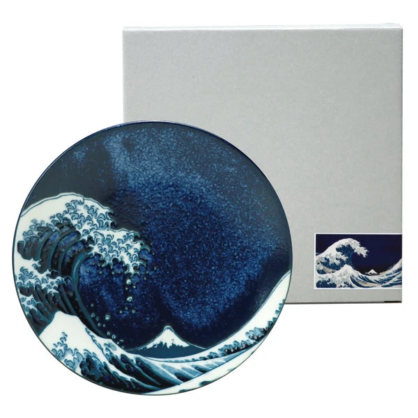 Hokusai Great Wave plate displayed with elegant blue gift box featuring great wave illustration
