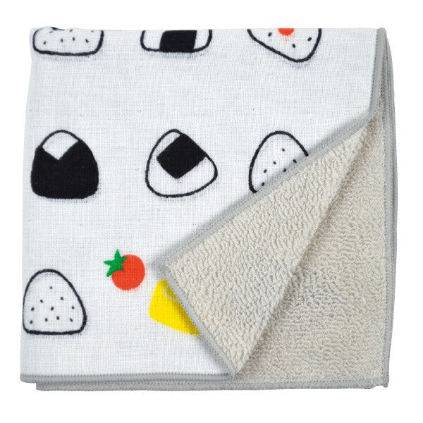 Japanese gauze and pile towel with whimsical onigiri rice ball design by Hamamonyo