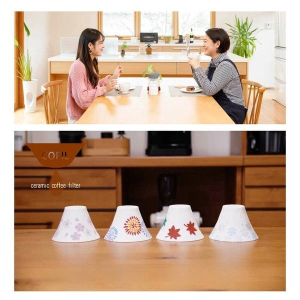 Two women sitting at a table with COFIL ceramic coffee filters displayed below.
