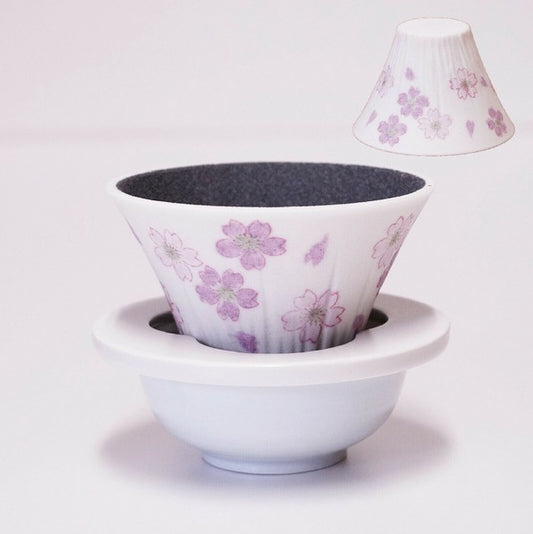 Close-up of spring Sakura motif on ceramic coffee dripper inspired by Mt. Fuji