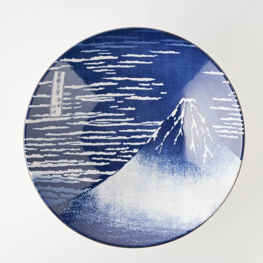 Hokusai Fine Wind Clear Morning blue and white Mino Ware large plate featuring Mount Fuji and clouds, 25.2 cm