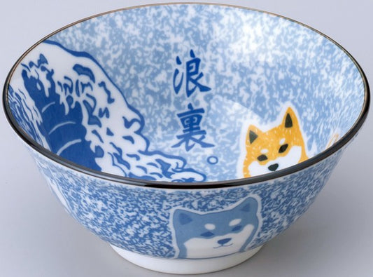 Japanese ceramic rice bowl with Shiba Inu and Great Wave design – Mino ware made in Japan