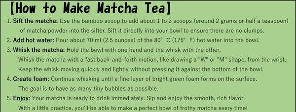 Instructions for making matcha tea on a green background