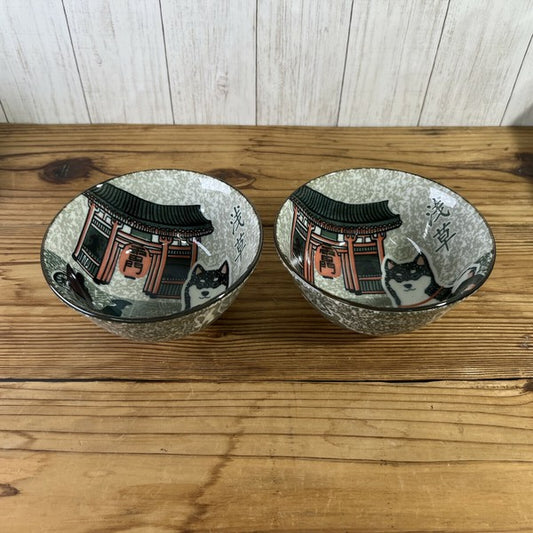 Shiba Inu and Kaminarimon design Mino ware bowl pair — made in Japan”