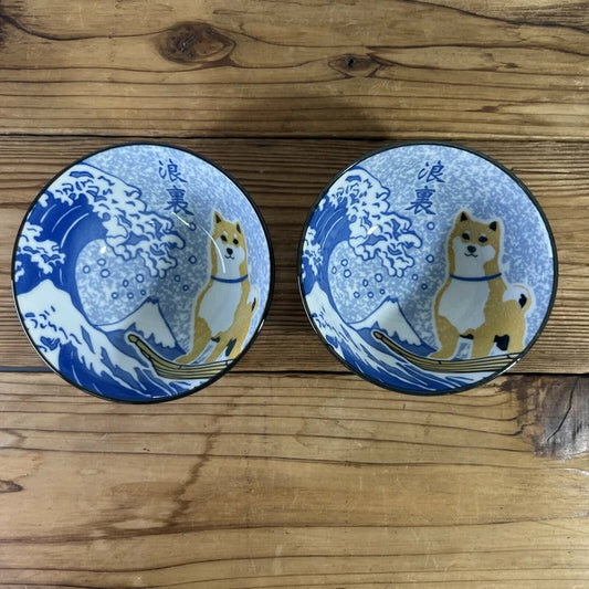 Shiba Inu x Great Wave bowl pair – Japanese Mino ware ceramic bowls with Mount Fuji and wave design
