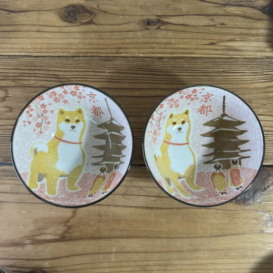 Shiba Inu x Kyoto bowl pair – Japanese Mino ware ceramic bowls with cherry blossom and Kyoto design