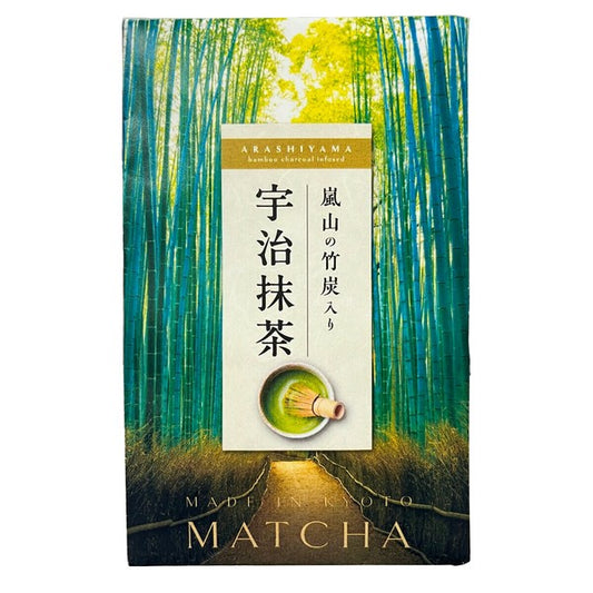 Matcha tea packaging with bamboo forest design and tea cup illustration