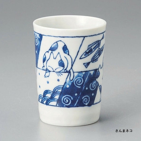Sanma Cat Mino ware teacup with hand-drawn fish illustration