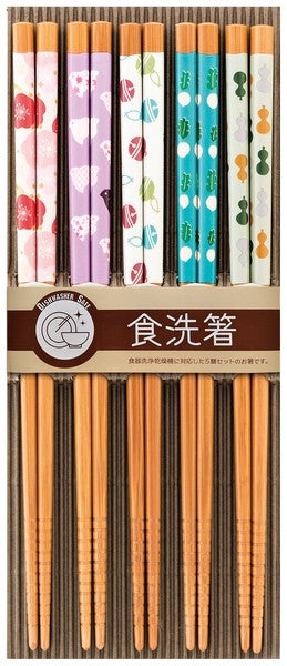Set of 5 bamboo chopsticks with assorted vibrant patterns, made in Japan