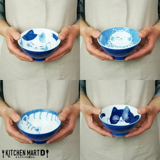Collage of four images showing each Nekochigura cat bowl held in hand—Curious Hachi, Sleepy Buchi, Chill Mike, and Striped Tora—highlighting their individual designs and practical size