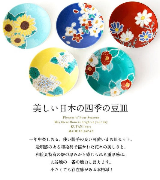 Kutani Ware Four Seasons Floral Mini Plate Set of 5 featuring Cherry Blossom, Hydrangea, Sunflower, Cosmos, and Camellia | Made in Japan