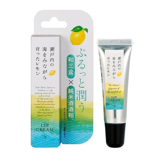 A photo of Seto Inland Sea Lemon Lip Balm, showing both the packaging and the tube. The packaging is predominantly white with blue text and accents, and an image of a lemon.