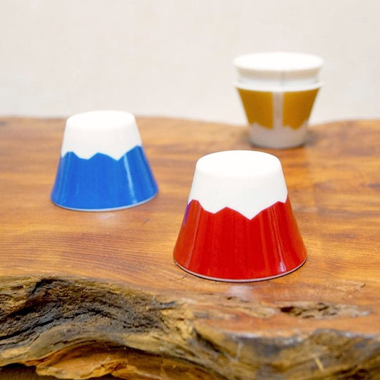 Red & Blue Mt. Fuji sake cups with glossy finish and inverted base forming the shape of Mount Fuji