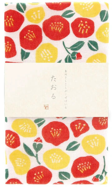 Senshu gauze towel in retail packaging with Japanese branding and floral print”