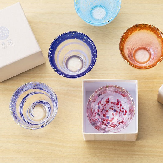 Set of handcrafted Tsugaru Vidro sake cups in five seasonal colors with gold leaf rims – made in Japan