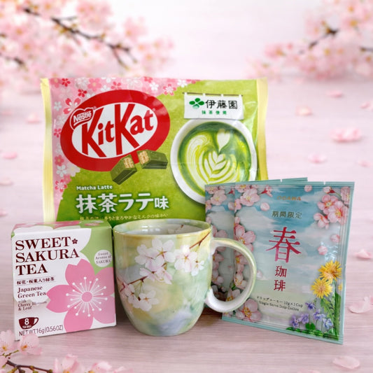 Japanese Sakura Mug Gift Set with cherry blossom tea, matcha snacks, hojicha, and drip coffee. Beautiful spring gift for tea lovers.