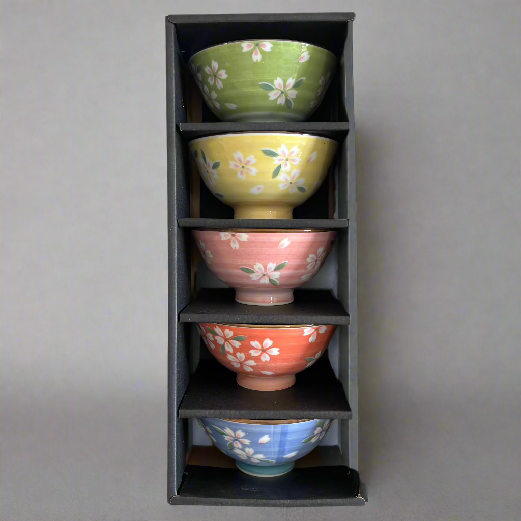 Set of five Kyoto sakura rice bowls neatly presented in a wooden or cardboard gift box