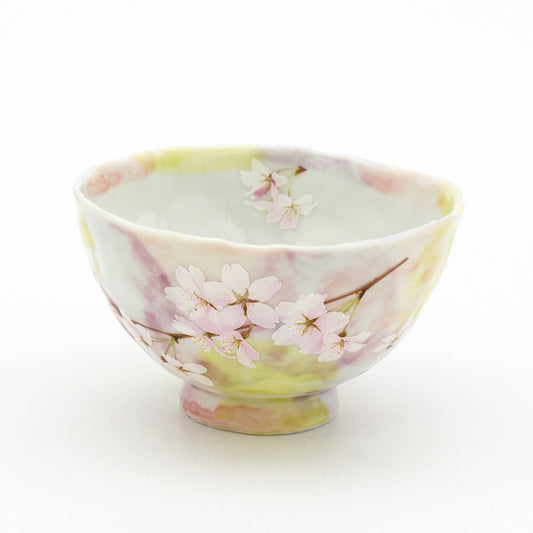 Ceramic rice bowl with pink cherry blossom design, featuring smooth surface and refined finis