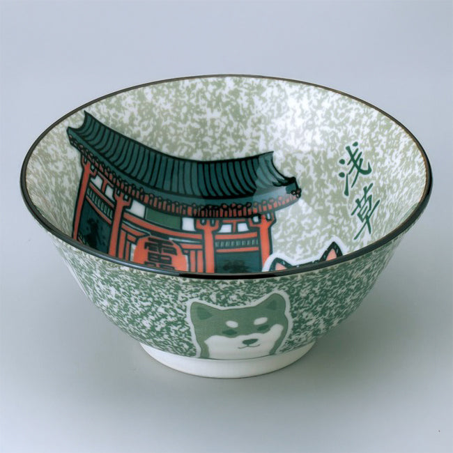 Japanese Mino ware bowl with Shiba Inu and Kaminarimon Gate motif, 14cm rice and soup bowl