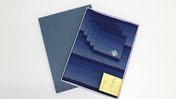 Japanese placemat and coaster set with indigo gradient stripe pattern, gift boxed