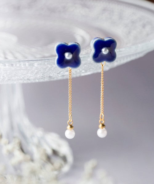 [Mikelo] Minoyaki Small Flower Pearl and Chain Earrings