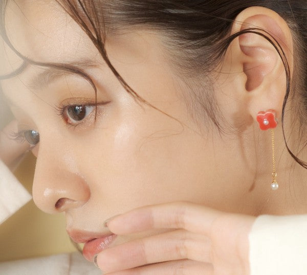 [Mikelo] Minoyaki Small Flower Pearl and Chain Earrings