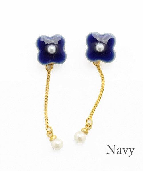 [Mikelo] Minoyaki Small Flower Pearl and Chain Earrings