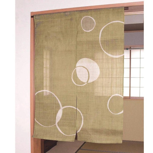 Hand-woven hemp noren curtain in Rapeseed design, hanging in doorway.