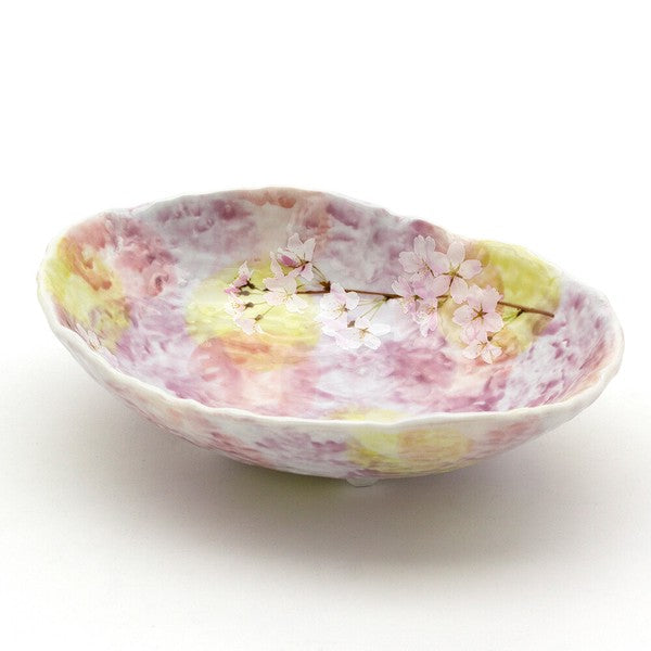 Sakura Blossom oval serving bowl 21cm in soft pink with cherry blossom design, made in Japan