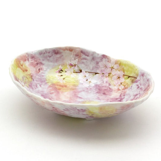 Sakura Blossom oval serving bowl 21cm in soft pink with cherry blossom design, made in Japan