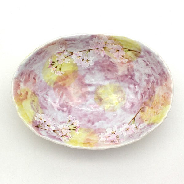 Top view of Pink Sakura Blossom 21cm oval serving bowl showing shallow depth and elegant shape