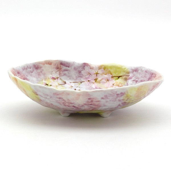 Side view of Pink Sakura Blossom 21cm oval serving bowl showing shallow depth and elegant shape