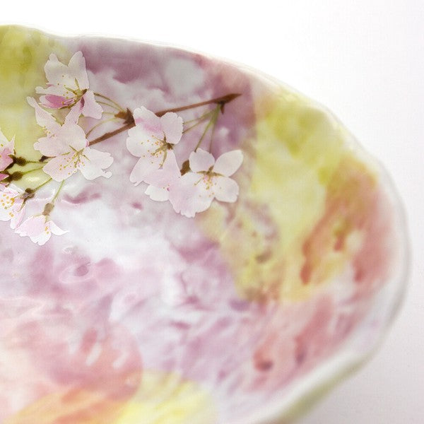 Close-up detail of textured ceramic surface on Pink Sakura Blossom oval serving bowl