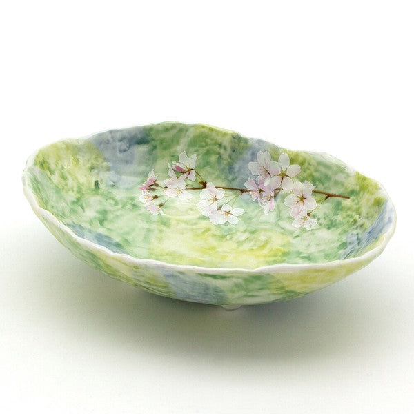 Sakura Blossom oval serving bowl 21cm in light green with cherry blossom design, made in Japan